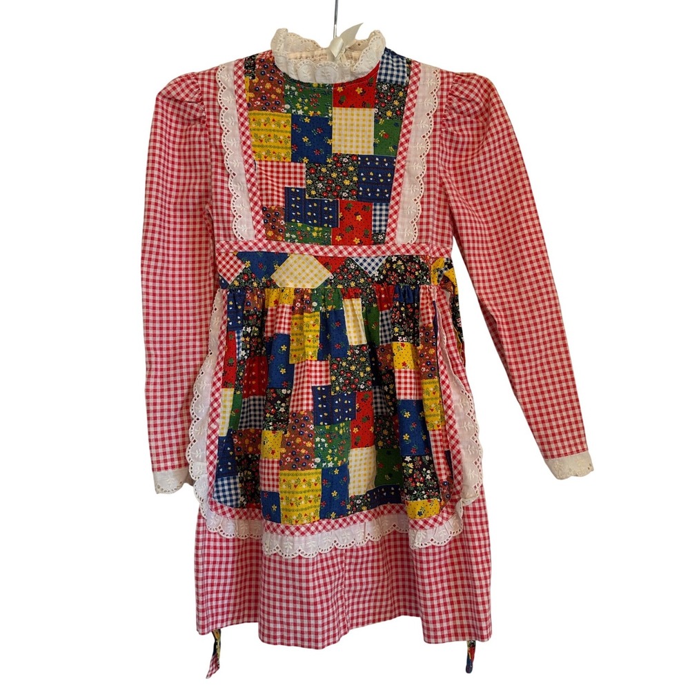 1960s/70s Youngland Patchwork Dress Apron Gingham Girls Prairie Sz 8 Cottage Vtg